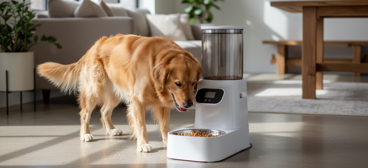 dog eating from a pet feeder